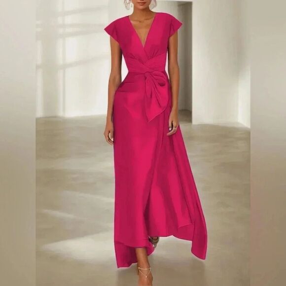 NWT FEHAUTE rose red pink Cap Sleeve v neck Satin A-Line Maxi wrap Dress sz 10 - Picture 1 of 13